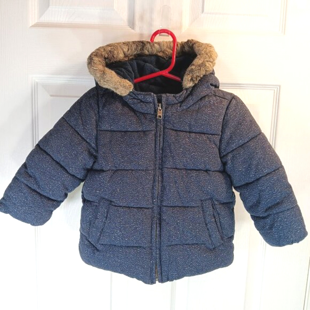 Baby Gap Girls Navy Blue Winter Coat Hooded Silver Accents Faux Fur Trim Size 2